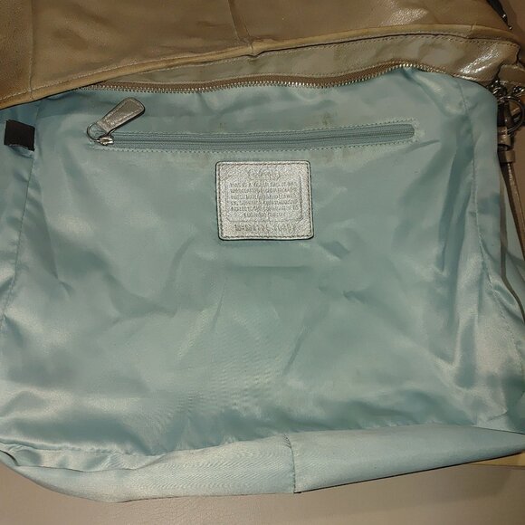 Coach Metallic Gold Leather Tote Bag Adjustable Strap Light Blue Interior - Picture 6 of 13